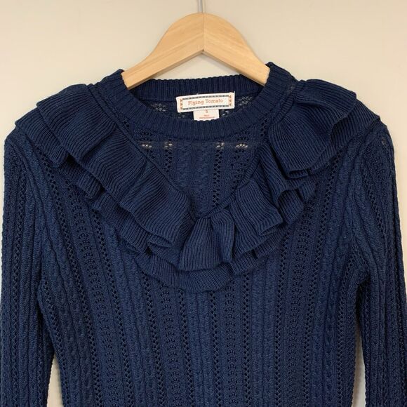 Knit Shirt Women’s Small Navy Blue Lightweight Sweater Crochet Ruffle Tomato - Picture 3 of 7